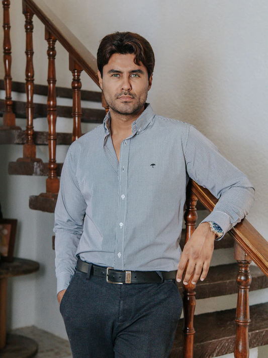 CAMISA HOMBRE SLIM FIT, MICROCUADRO AZUL MARINO