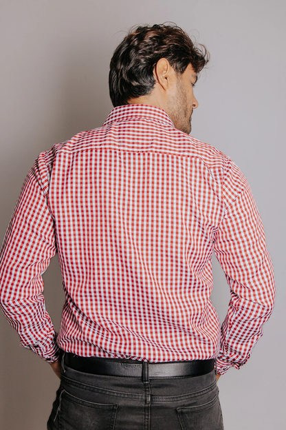 CAMISA HOMBRE SLIM FIT, CUADROS ROJO Y BLANCO