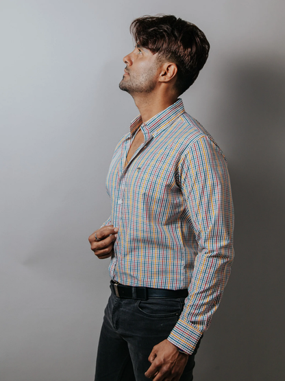 CAMISA HOMBRE SLIM FIT, CUADROS GRIS, AZUL, ROJO, AMARILLOS