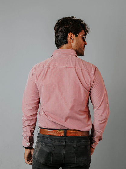 CAMISA HOMBRE SLIM FIT, MICROCUADRO ROJO