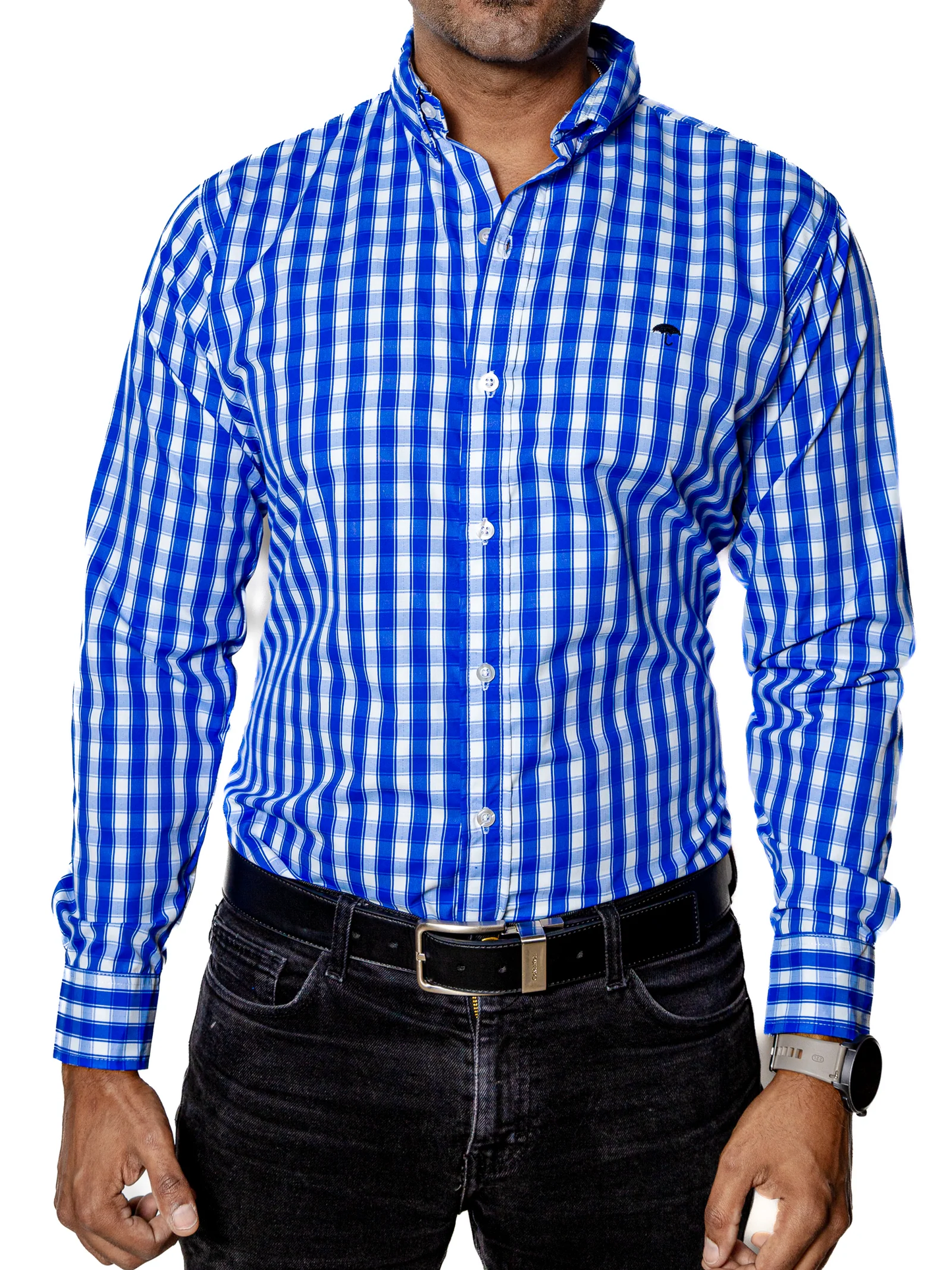 CAMISA HOMBRE CASUAL CUADROS AZUL CLARO, BLANCOS