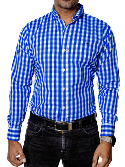 CAMISA HOMBRE CASUAL CUADROS AZUL CLARO, BLANCOS