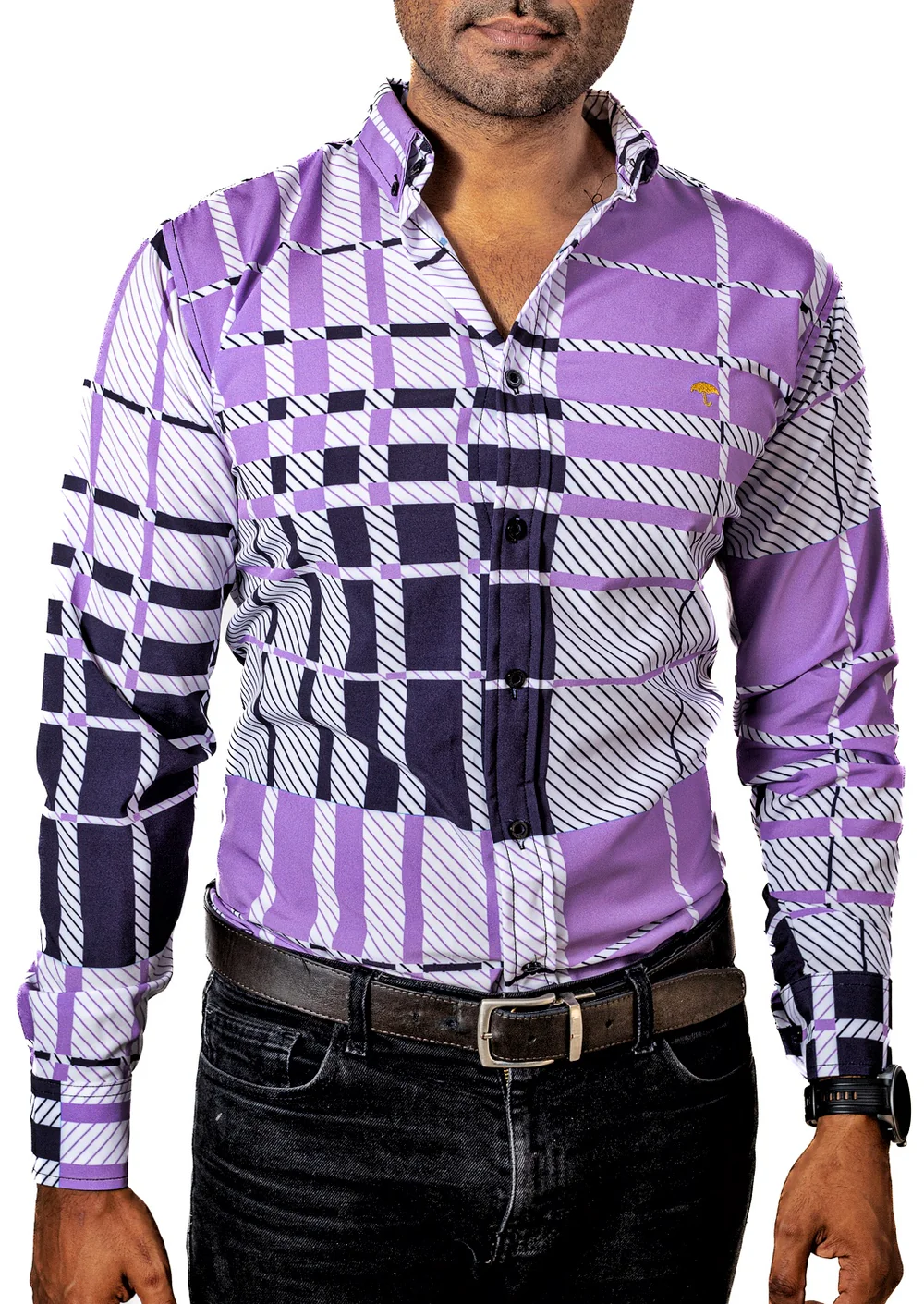 CAMISA HOMBRE CASUAL CUADROS MORADOS, BLANCOS, NEGROS