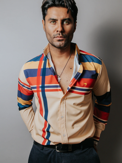 CAMISA CASUAL HOMBRE, MELÓN FRANJAS CAFE ROSA AMARILLO, AZUL