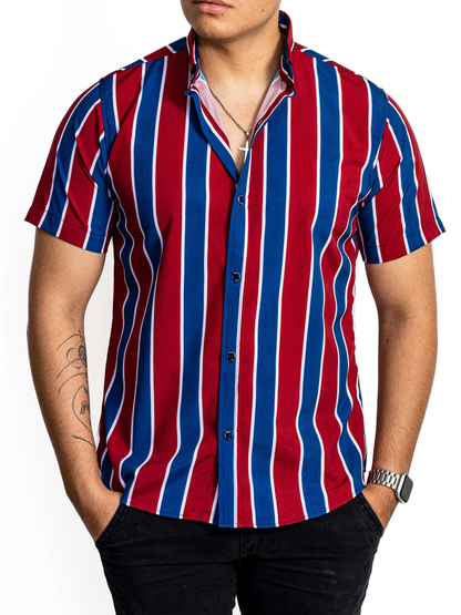 CAMISA HOMBRE CASUAL MANGA CORTA RAYAS ROJAS, AZUL OSCURO