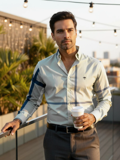 CAMISA HOMBRE SLIM FIT, GRIS LÍNEAS GRIS Y AZUL MARINO