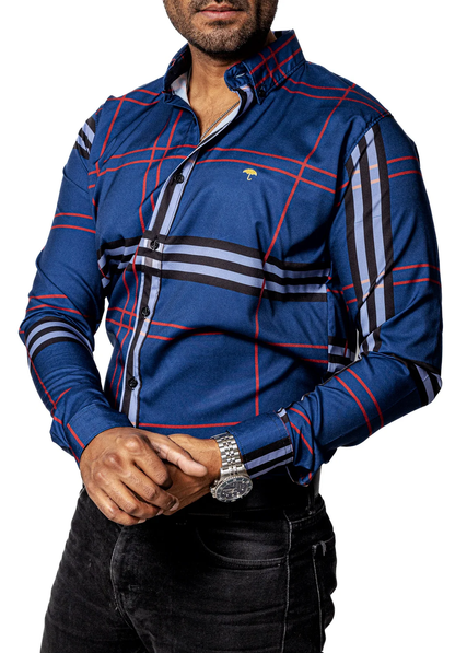 CAMISA HOMBRE CASUAL AZUL ACERO RAYAS NEGRAS, BLANCAS, ROJAS