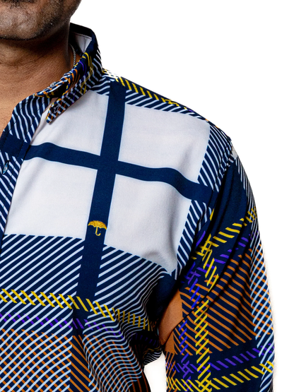 CAMISA HOMBRE CASUAL CUADROS MARINO, BLANCO, NARANJA