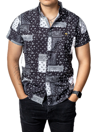 CAMISA HOMBRE CASUAL MANGA CORTA NEGRA CUADROS BLANCOS