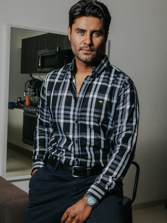 CAMISA CASUAL HOMBRE, NEGRA CUADRO GRIS Y BLANCO