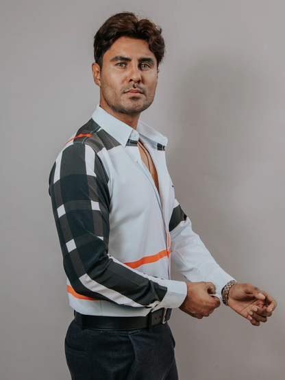 CAMISA HOMBRE SLIM FIT, AZUL CLARO LÍNEAS NEGRO Y NARANJA