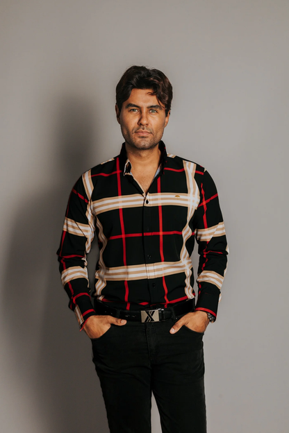 CAMISA HOMBRE SLIM FIT, CUADROS BEIGE ROJO Y BLANCO