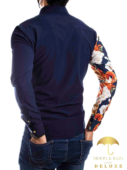 CAMISA HOMBRE CASUAL FLORES NARANJAS, BLANCAS - AZUL MARINO