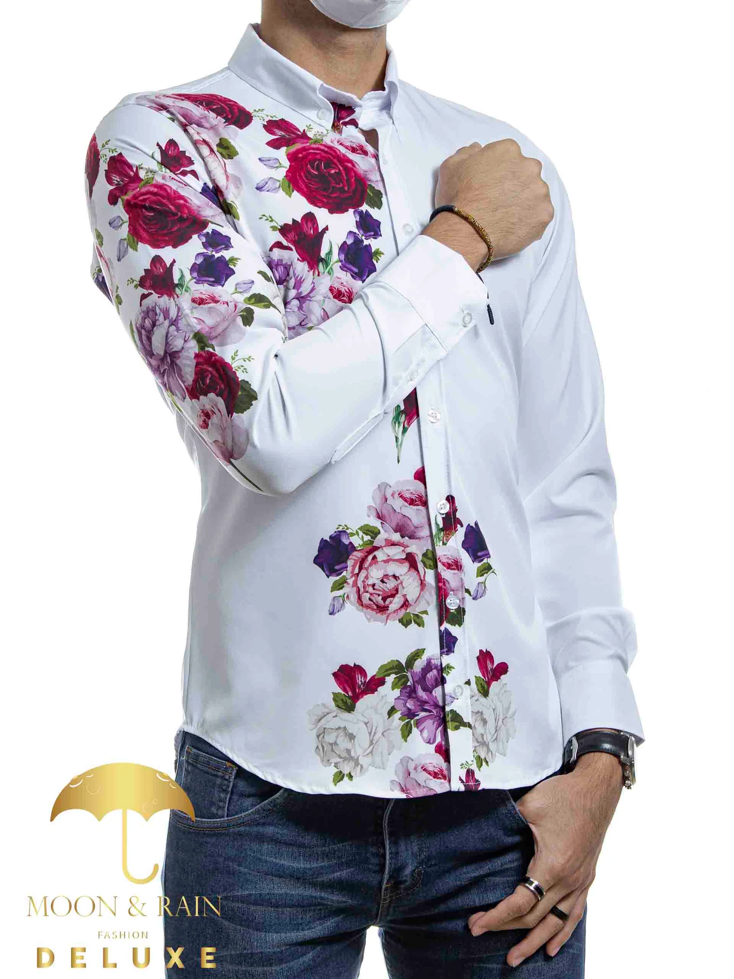 CAMISA SLIM FIT BLANCA MITAD FLORES ROSAS