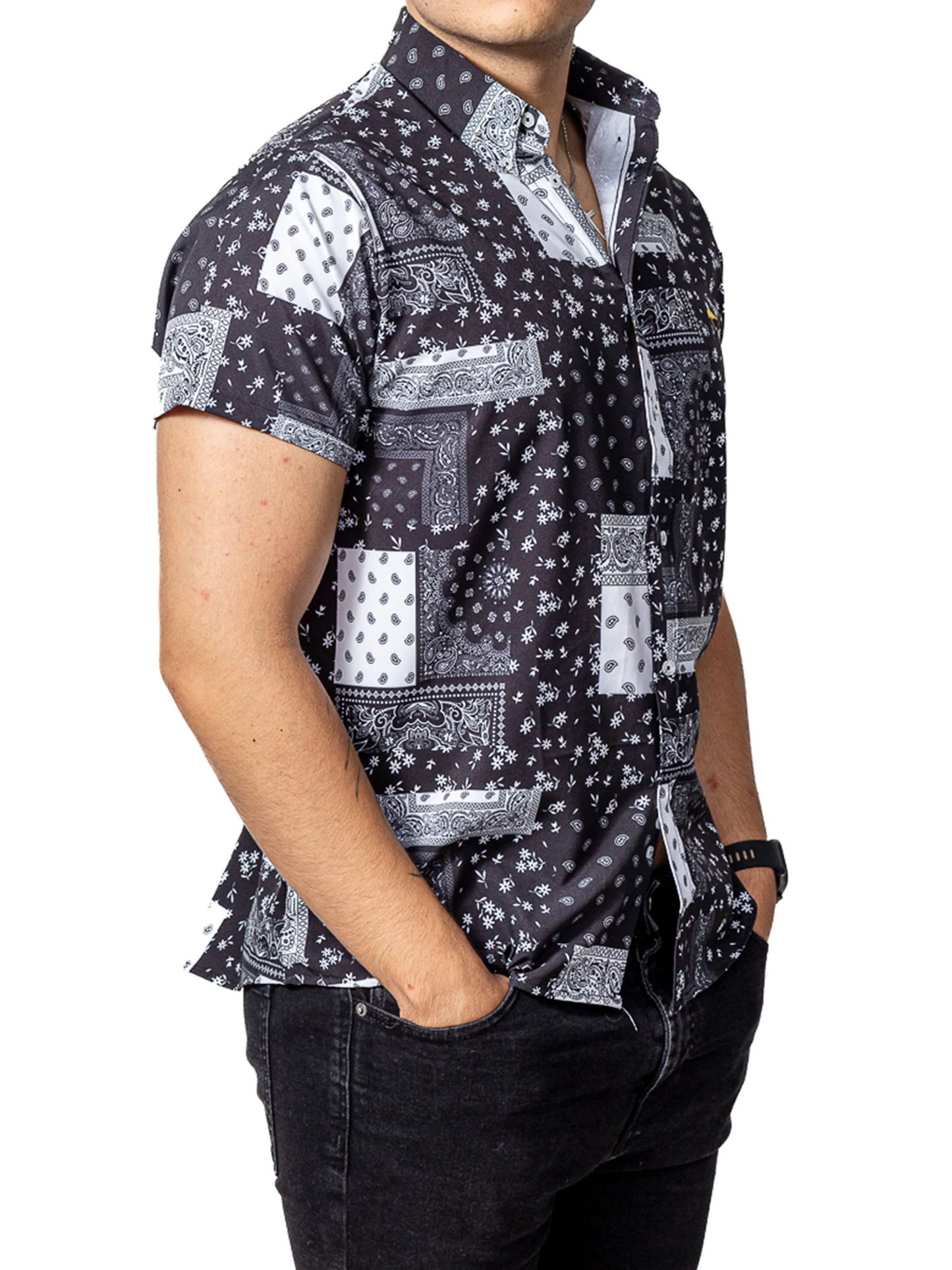 CAMISA HOMBRE CASUAL MANGA CORTA NEGRA CUADROS BLANCOS