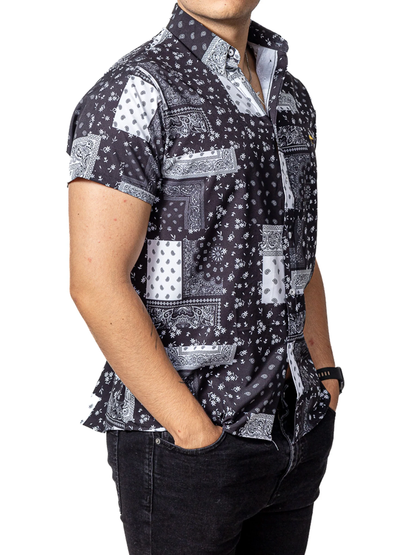 CAMISA HOMBRE CASUAL MANGA CORTA NEGRA CUADROS BLANCOS