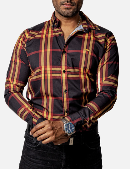 CAMISA CASUAL HOMBRE, NEGRA LÍNEAS ROJA Y AMARILLA