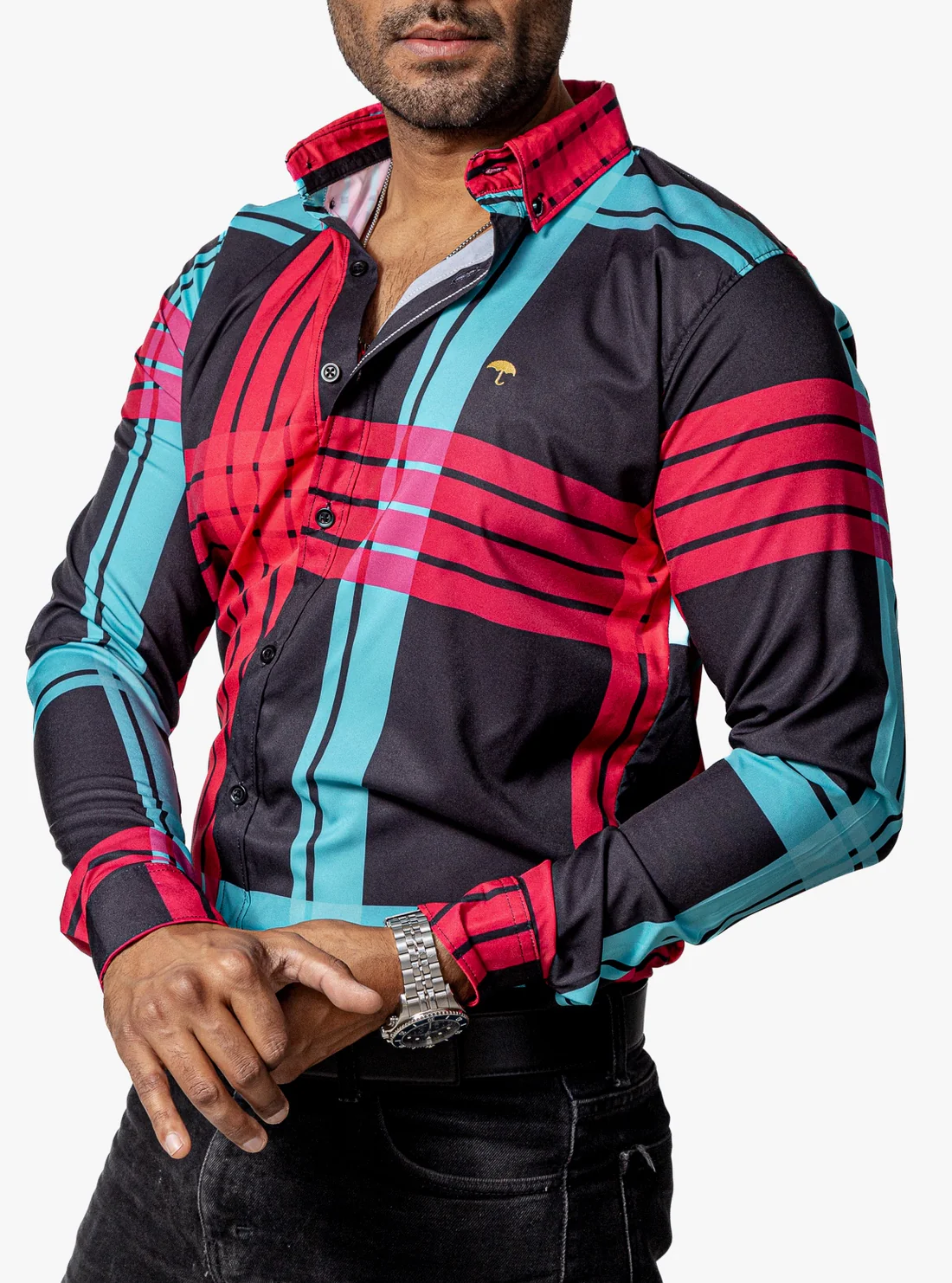 CAMISA CASUAL HOMBRE, NEGRA LÍNEAS ROSA Y AZUL TURQUEZA