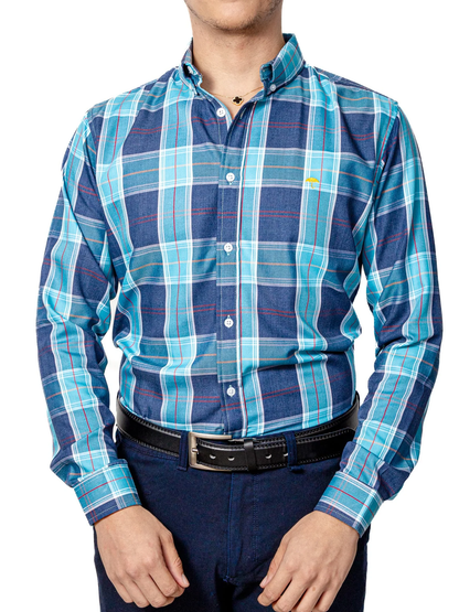 CAMISA CASUAL HOMBRE,CUADROS AZUL TURQUESA LINEA ROJA