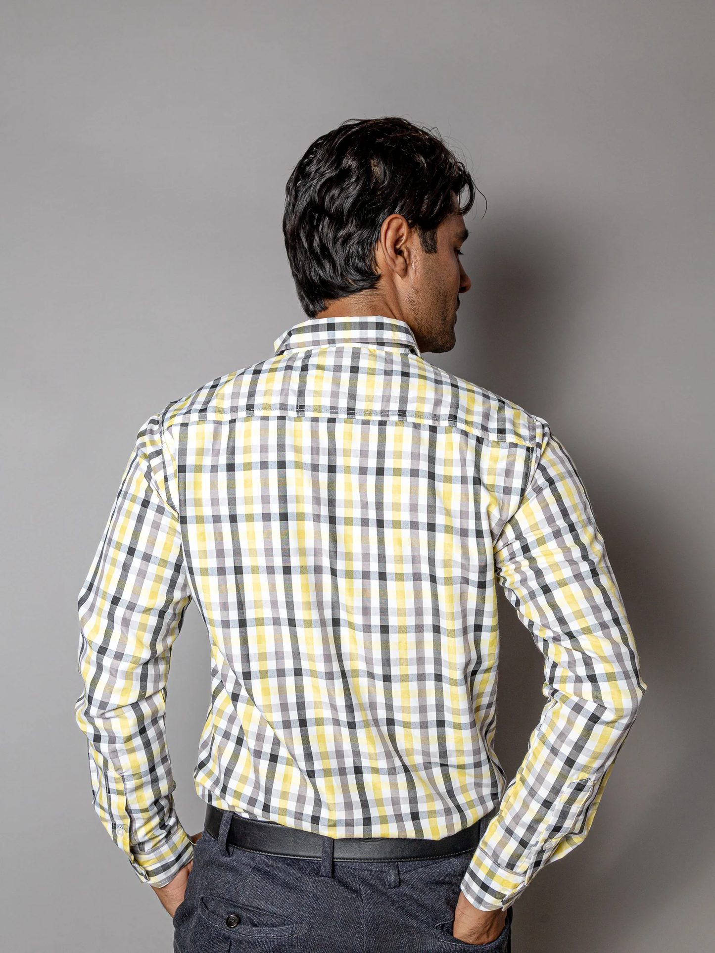 CAMISA SLIM FIT HOMBRE, CUADROS AMARILLO NEGRO Y GRIS
