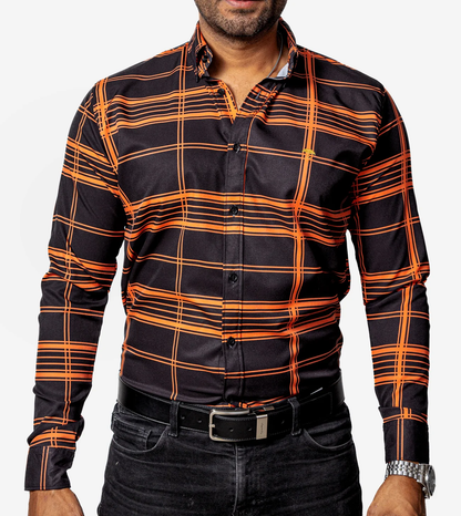 CAMISA CASUAL HOMBRE, NEGRA LÍNEAS NARANJA