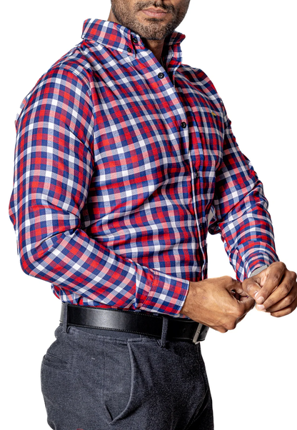 CAMISA CASUAL HOMBRE, CUADRO AZUL MARINO, ROJO, BLANCO TEXTURA