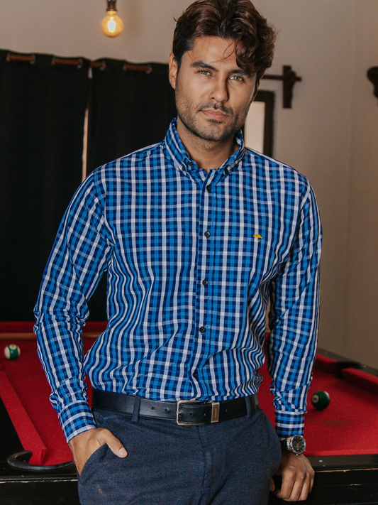 CAMISA HOMBRE SLIM FIT CUADROS AZUL Y GRIS