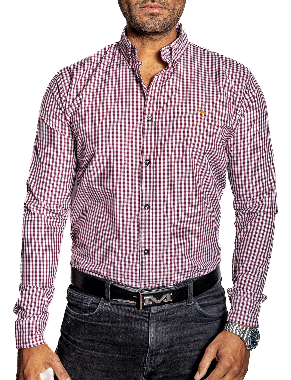 CAMISA HOMBRE CASUAL MINI CUADROS VINOS, BLANCOS