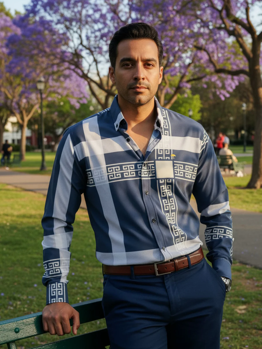 CAMISA HOMBRE SLIM FIT, AZUL LÍNEAS GRIS GRECAS CREMA