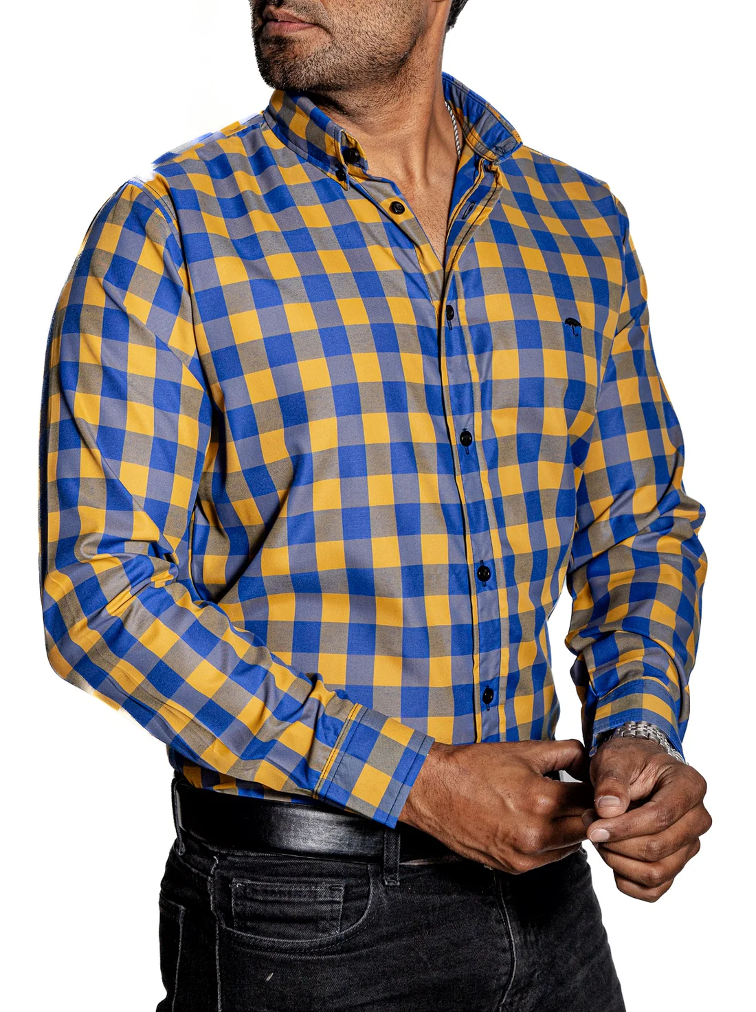 CAMISA HOMBRE CASUAL CUADROS AZUL, ORO