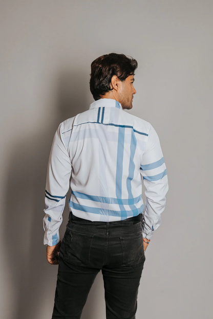 CAMISA HOMBRE SLIM FIT, FRANJAS AZULES Y LILA