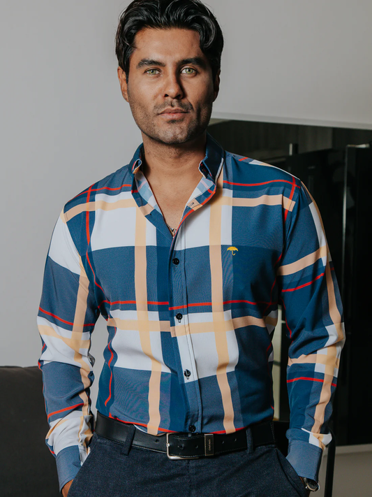 CAMISA CASUAL HOMBRE, AZUL MARINO LÍNEAS ROJA Y BEIGE