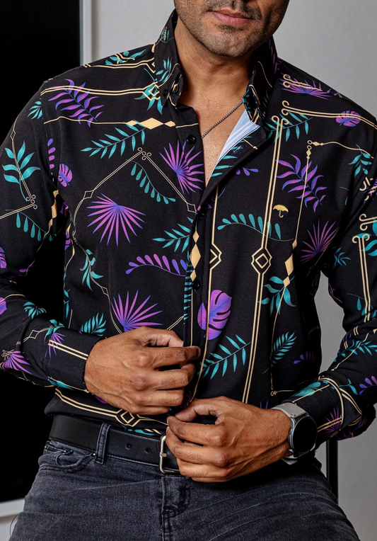 CAMISA CASUAL HOMBRE SLIM, NEGRA HOJAS MORADAS,VERDES
