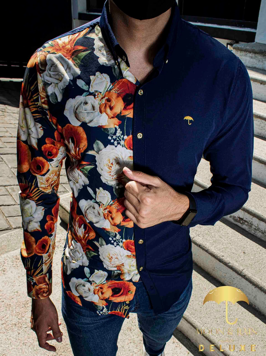CAMISA HOMBRE CASUAL FLORES NARANJAS, BLANCAS - AZUL MARINO