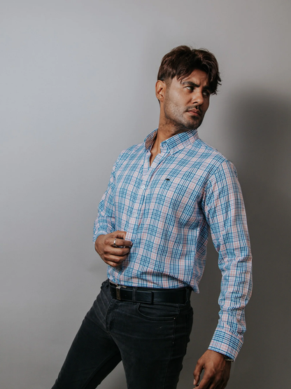 CAMISA HOMBRE SLIM FIT, CUADROS AZULES, GRISES