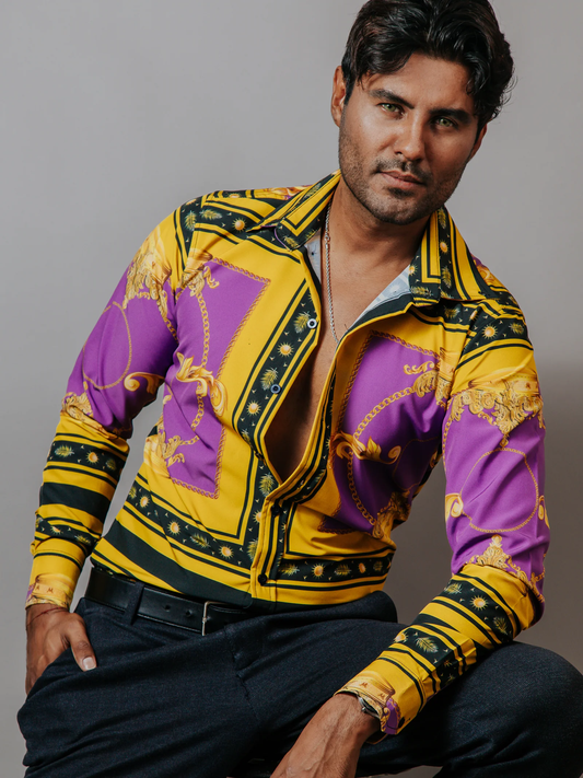 CAMISA SLIM FIT LUIS MIGUEL, MORADA Y DORADO