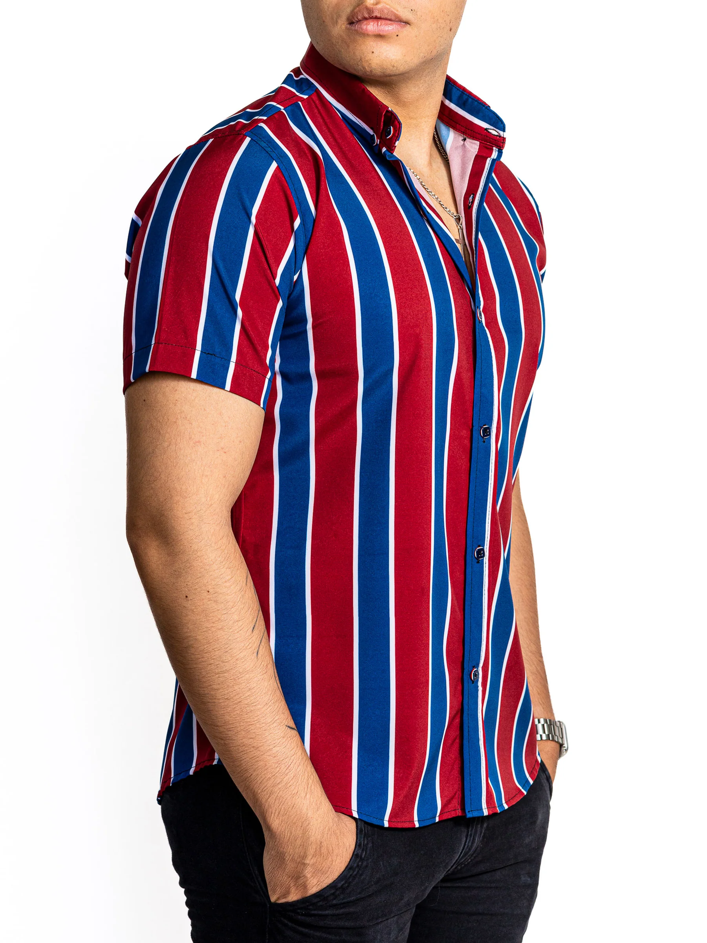 CAMISA HOMBRE CASUAL MANGA CORTA RAYAS ROJAS, AZUL OSCURO