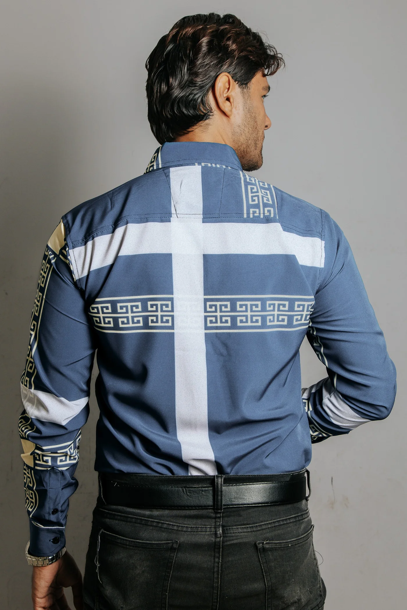 CAMISA HOMBRE SLIM FIT, AZUL LÍNEAS GRIS GRECAS CREMA