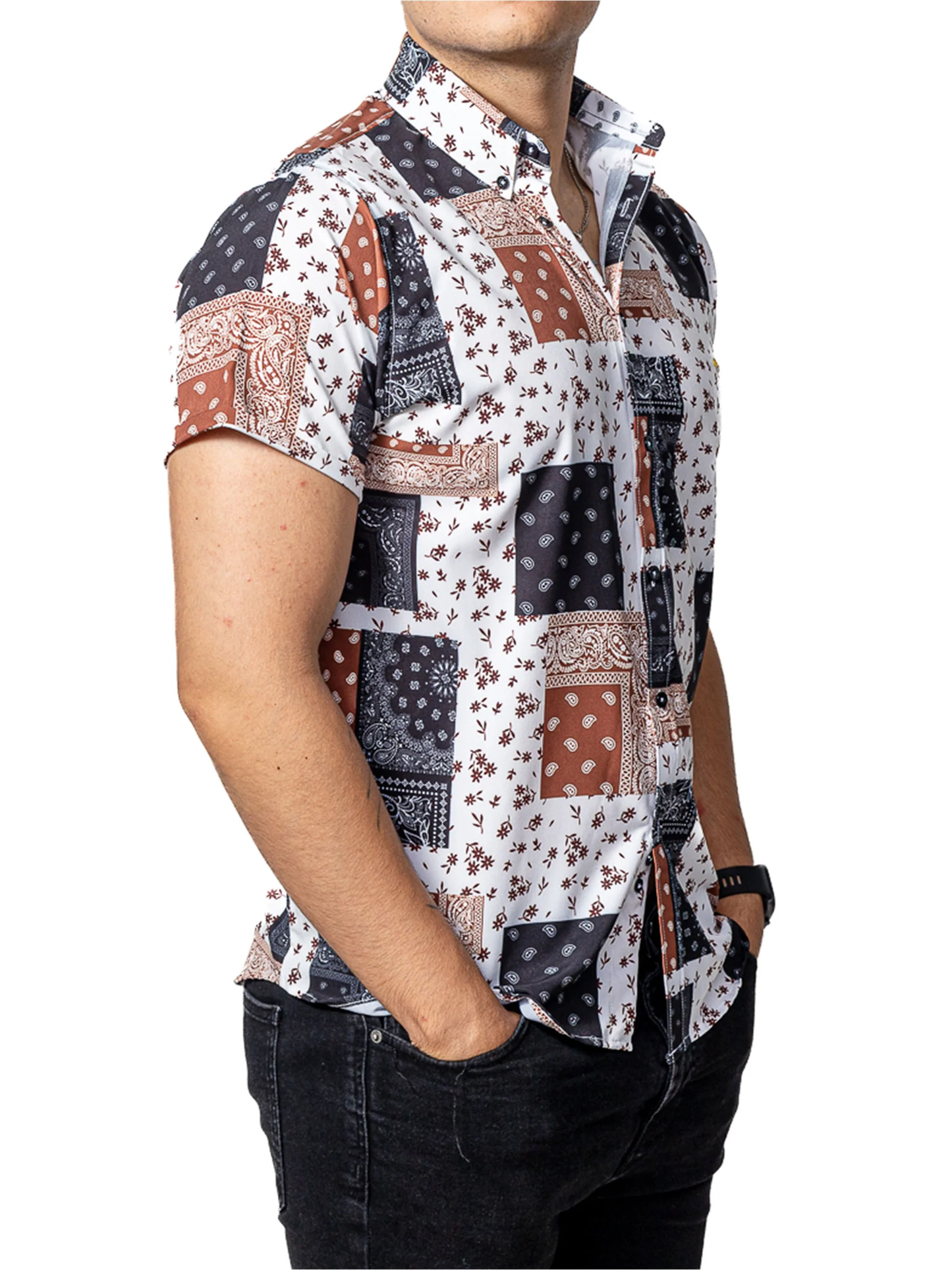 CAMISA HOMBRE CASUAL MANGA CORTA BLANCA CUADROS NEGROS, MARRÓN