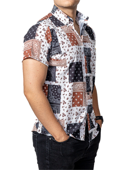 CAMISA HOMBRE CASUAL MANGA CORTA BLANCA CUADROS NEGROS, MARRÓN