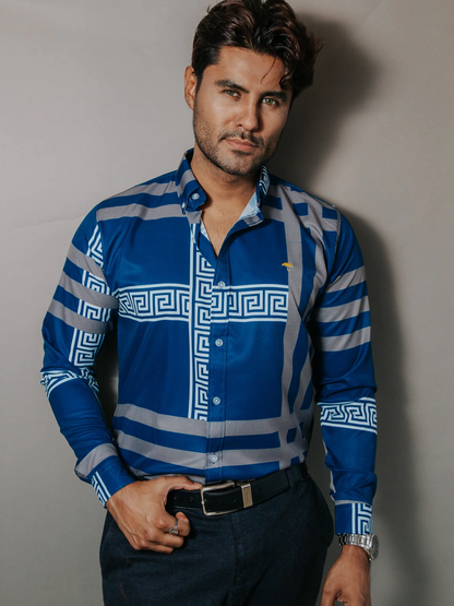 CAMISA HOMBRE SLIM FIT AZUL DETALLE GRIEGO BLANCO LÍNEAS GRIS