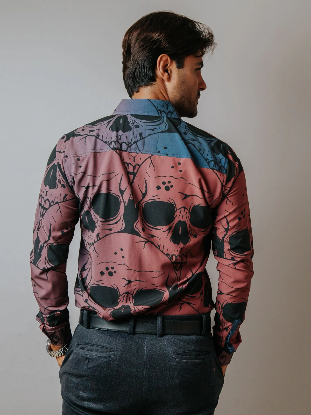 CAMISA HOMBRE CASUAL SLIM FIT AZUL Y ROSA MATE CALAVERAS