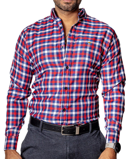 CAMISA CASUAL HOMBRE, CUADRO AZUL MARINO, ROJO, BLANCO TEXTURA
