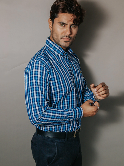 CAMISA HOMBRE SLIM FIT CUADROS AZUL Y GRIS
