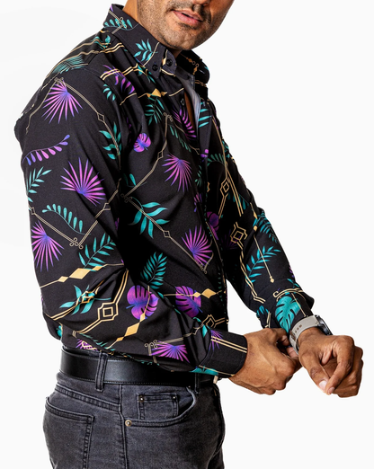 CAMISA CASUAL HOMBRE SLIM, NEGRA HOJAS MORADAS,VERDES