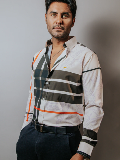 CAMISA CASUAL HOMBRE CREMA LÍNEAS CHOCOLATE NARANJA FLORES
