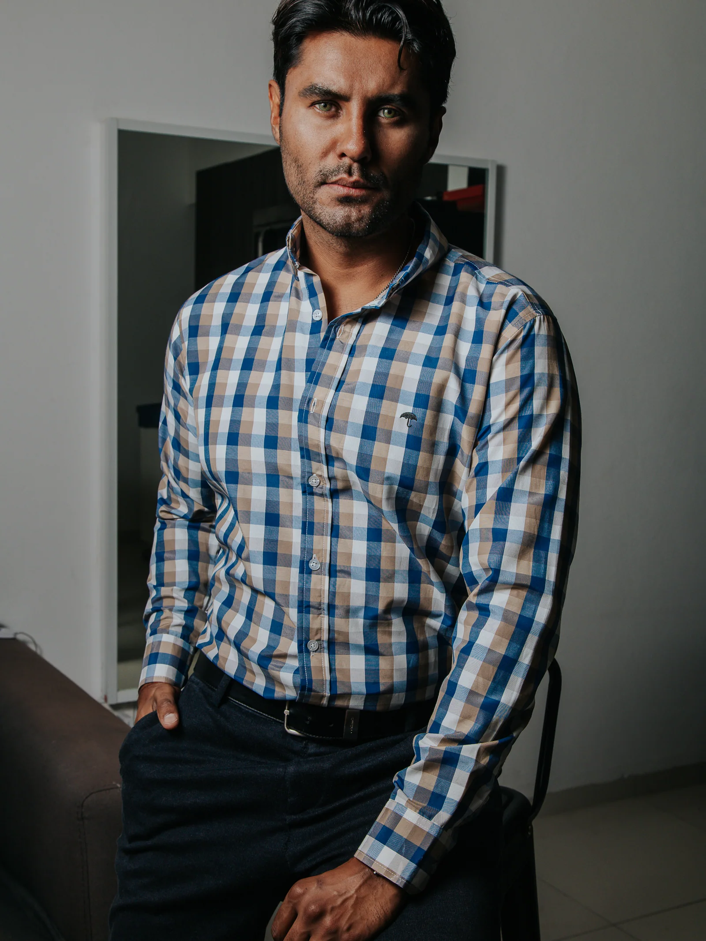 CAMISA SLIM FIT HOMBRE, BLANCA CUADROS AZUL Y ARENA