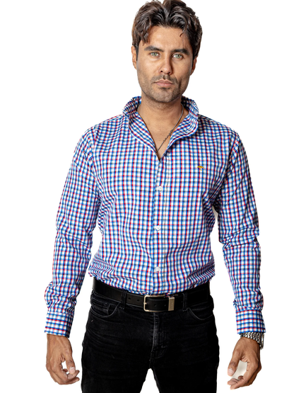 CAMISA CASUAL HOMBRE, CUADROS AZUL CIELO, ROJO Y GRIS