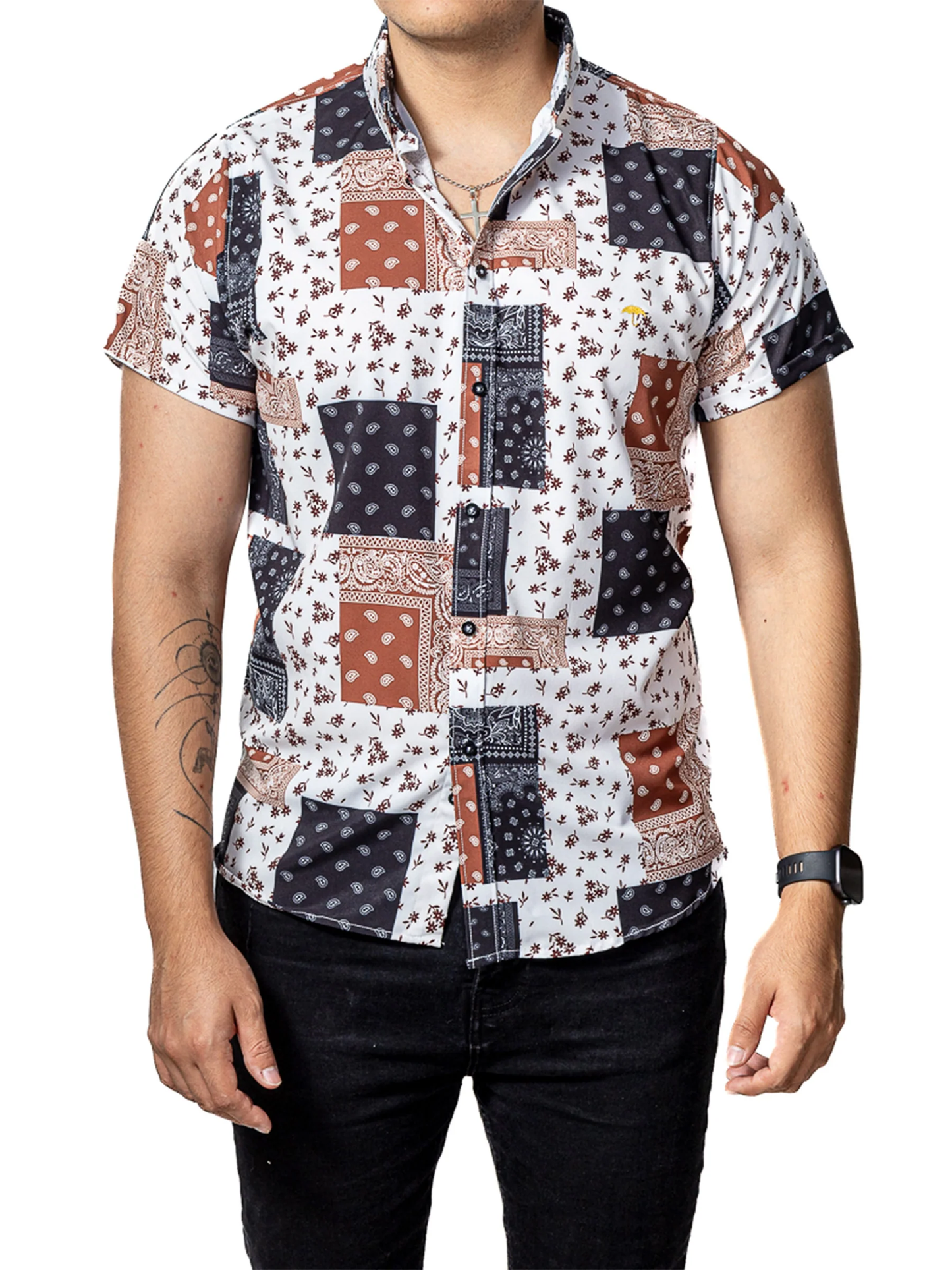 CAMISA HOMBRE CASUAL MANGA CORTA BLANCA CUADROS NEGROS, MARRÓN