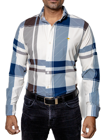CAMISA HOMBRE CASUAL CUADROS BLANCOS, AZUL, MARRÓN
